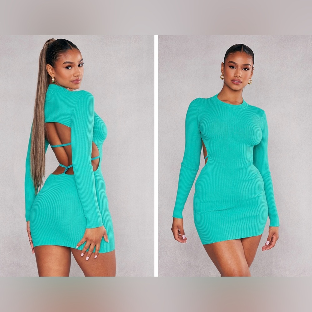 NWT Pretty Little Thing Sexy Green Open Back Dress Large L